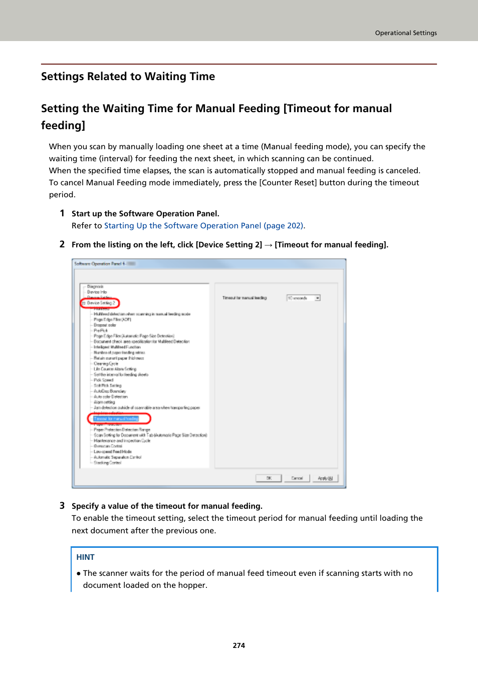 Settings related to waiting time | Fujitsu Ricoh Fujitsu fi-7900 Image Scanner User Manual | Page 274 / 291