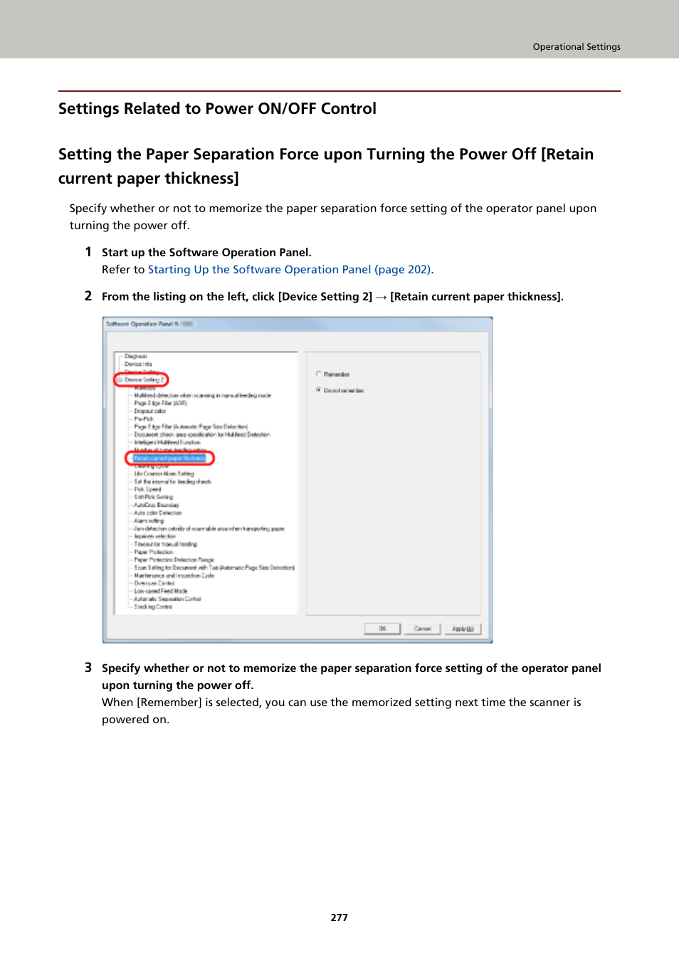 Settings related to power on/off control, Retain current paper, Thickness | Retain current, Paper thickness | Fujitsu Ricoh Fujitsu fi-7900 Image Scanner User Manual | Page 277 / 291