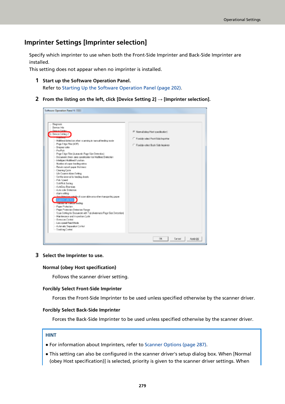 Imprinter settings [imprinter selection | Fujitsu Ricoh Fujitsu fi-7900 Image Scanner User Manual | Page 279 / 291