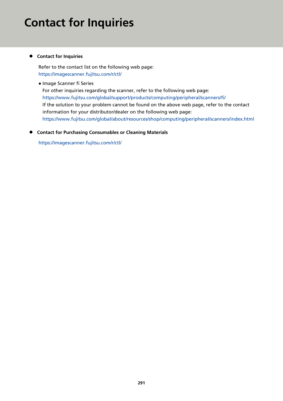Contact for inquiries | Fujitsu Ricoh Fujitsu fi-7900 Image Scanner User Manual | Page 291 / 291