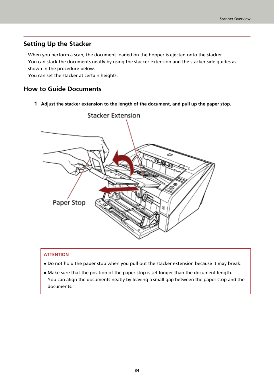 Setting up the stacker, How to guide documents | Fujitsu Ricoh Fujitsu fi-7900 Image Scanner User Manual | Page 34 / 291