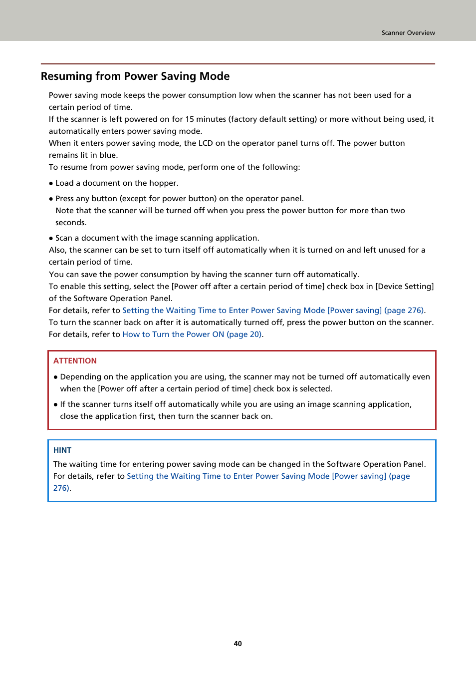 Resuming from power saving mode | Fujitsu Ricoh Fujitsu fi-7900 Image Scanner User Manual | Page 40 / 291