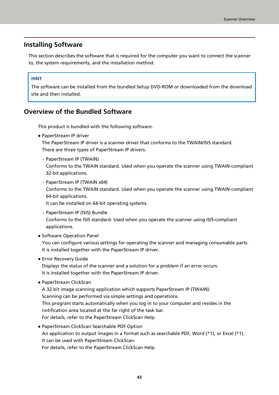 Installing software, Overview of the bundled software, Overview of the | Fujitsu Ricoh Fujitsu fi-7900 Image Scanner User Manual | Page 43 / 291