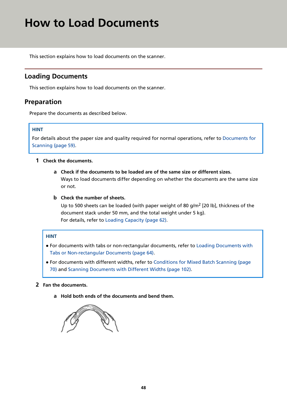 How to load documents, Loading documents, Preparation | Fujitsu Ricoh Fujitsu fi-7900 Image Scanner User Manual | Page 48 / 291