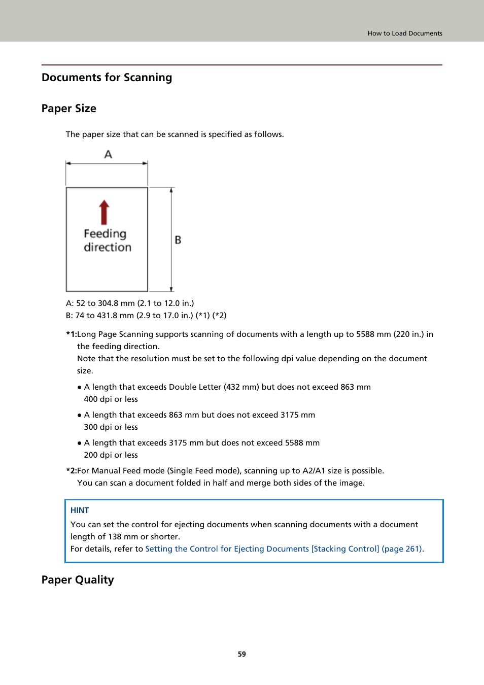 Documents for scanning, Paper size, Paper quality | Documents for, Documents for scanning paper size | Fujitsu Ricoh Fujitsu fi-7900 Image Scanner User Manual | Page 59 / 291