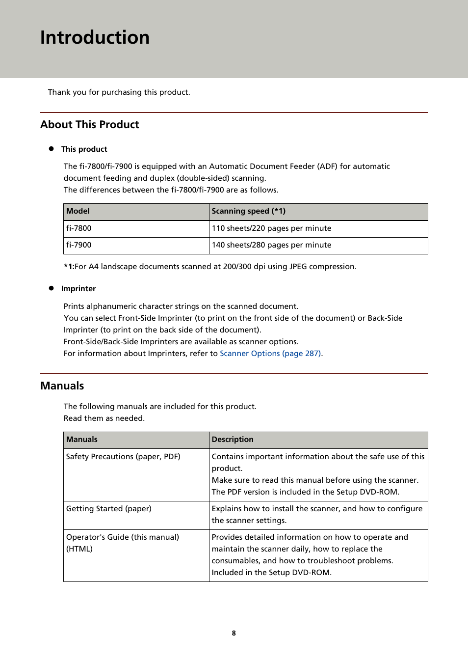 Introduction, About this product, Manuals | Fujitsu Ricoh Fujitsu fi-7900 Image Scanner User Manual | Page 8 / 291