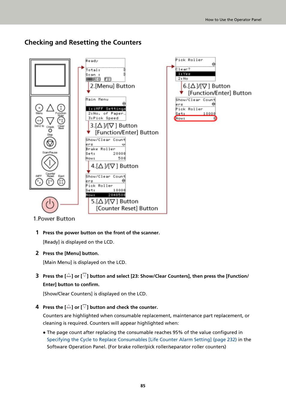 Checking and resetting the counters, For more details, refer to, Checking and resetting | Fujitsu Ricoh Fujitsu fi-7900 Image Scanner User Manual | Page 85 / 291