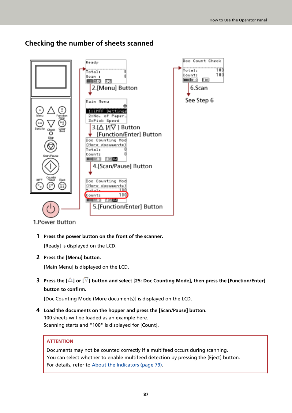 Checking the number of sheets scanned, For more details, refer to, Checking the number of | Fujitsu Ricoh Fujitsu fi-7900 Image Scanner User Manual | Page 87 / 291