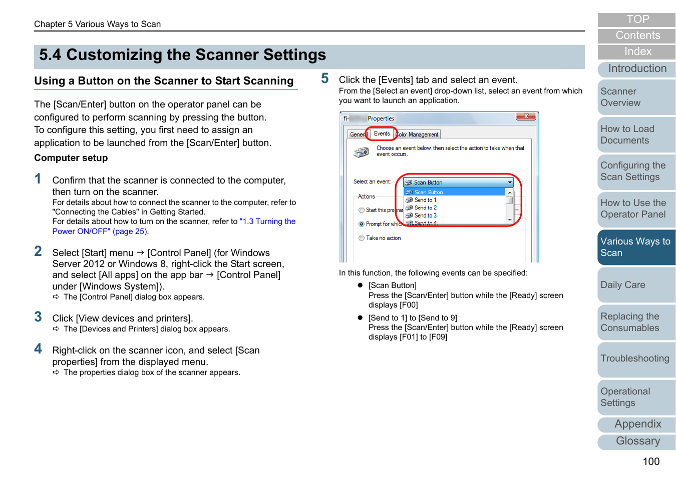 4 customizing the scanner settings, Using a button on the scanner to start scanning, Customizing the scanner settings | Fujitsu Ricoh Fujitsu fi-7280 Color Duplex Document Scanner User Manual | Page 100 / 229