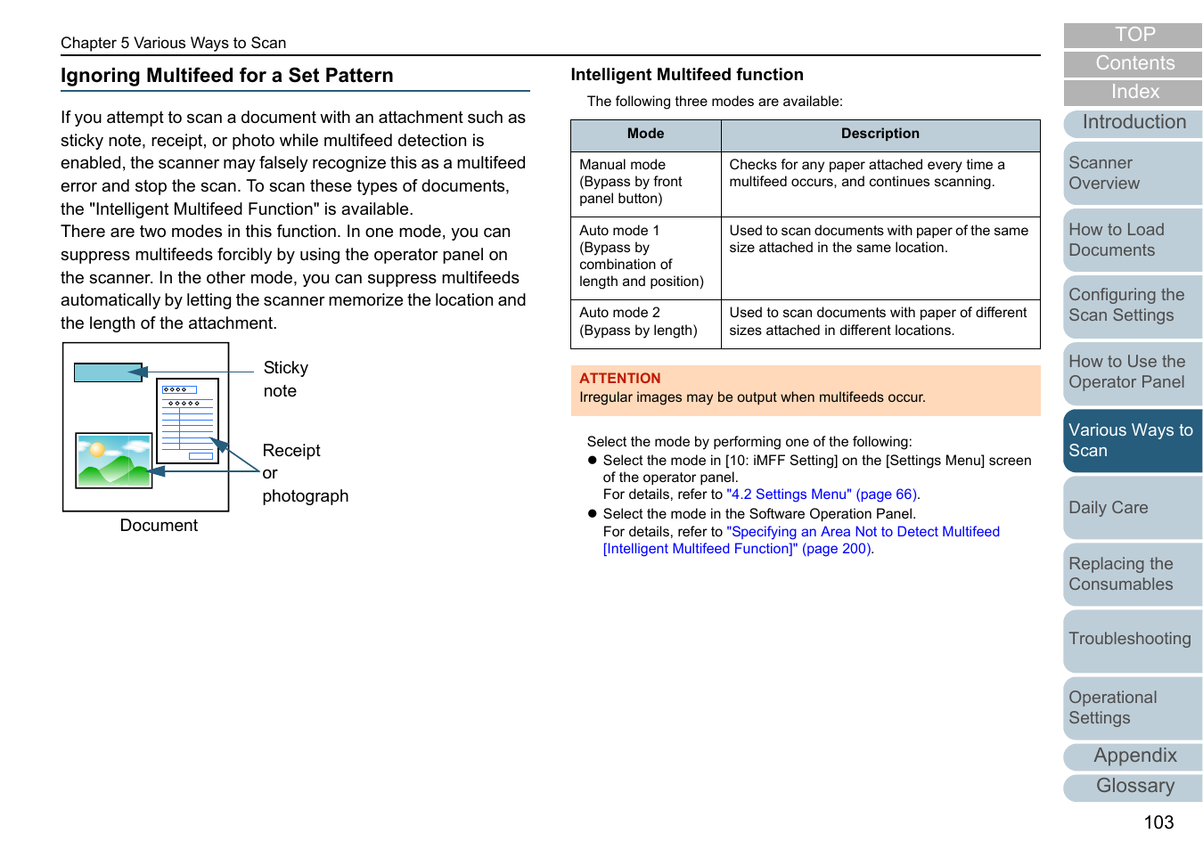 Ignoring multifeed for a set pattern, Appendix glossary introduction index contents top | Fujitsu Ricoh Fujitsu fi-7280 Color Duplex Document Scanner User Manual | Page 103 / 229