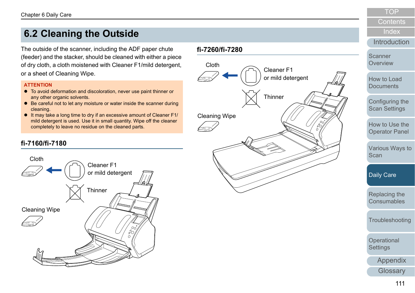 2 cleaning the outside, Fi-7160/fi-7180, Fi-7260/fi-7280 | Cleaning the outside, Fi-7160/fi-7180 fi-7260/fi-7280 | Fujitsu Ricoh Fujitsu fi-7280 Color Duplex Document Scanner User Manual | Page 111 / 229