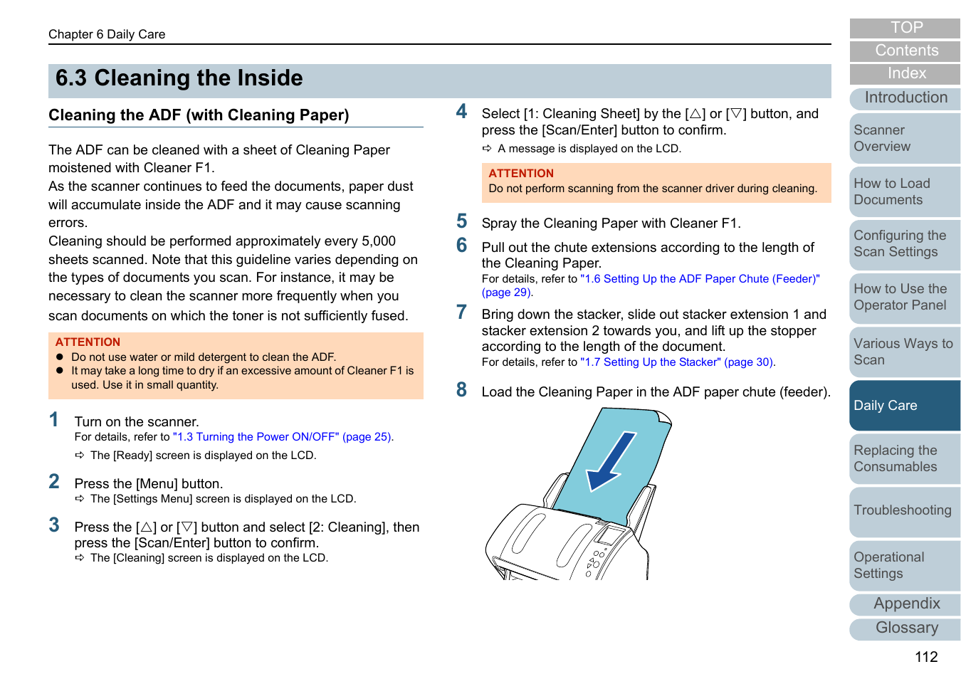 3 cleaning the inside, Cleaning the adf (with cleaning paper), Cleaning the inside | Fujitsu Ricoh Fujitsu fi-7280 Color Duplex Document Scanner User Manual | Page 112 / 229