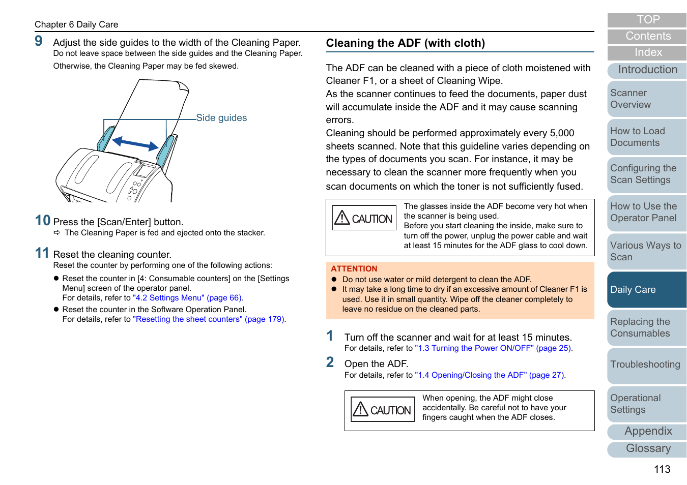 Cleaning the adf (with cloth), Appendix glossary introduction index contents top | Fujitsu Ricoh Fujitsu fi-7280 Color Duplex Document Scanner User Manual | Page 113 / 229