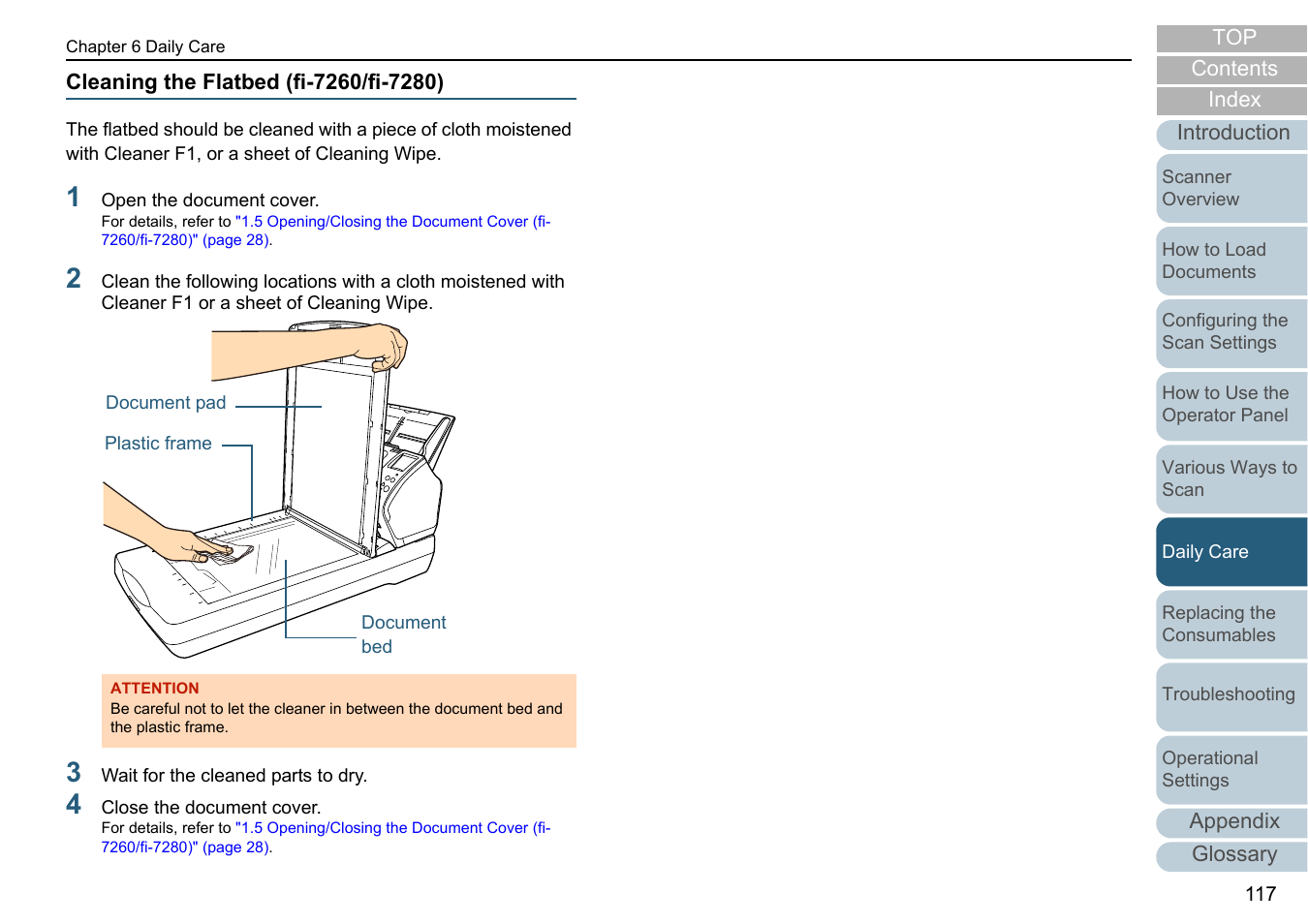 Cleaning the flatbed (fi-7260/fi-7280) | Fujitsu Ricoh Fujitsu fi-7280 Color Duplex Document Scanner User Manual | Page 117 / 229