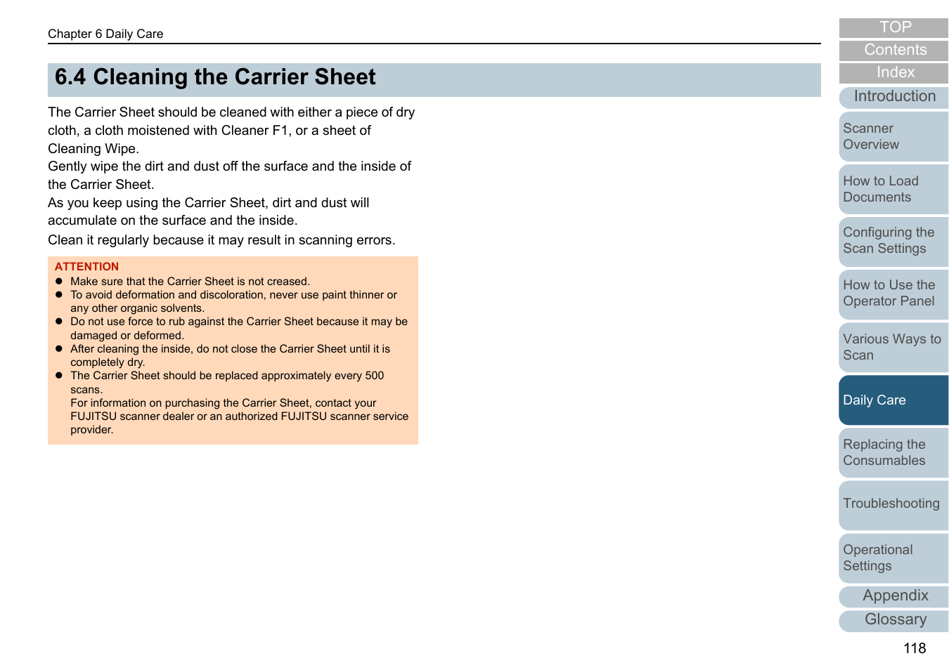 4 cleaning the carrier sheet, Cleaning the carrier sheet, Appendix glossary introduction index contents top | Fujitsu Ricoh Fujitsu fi-7280 Color Duplex Document Scanner User Manual | Page 118 / 229