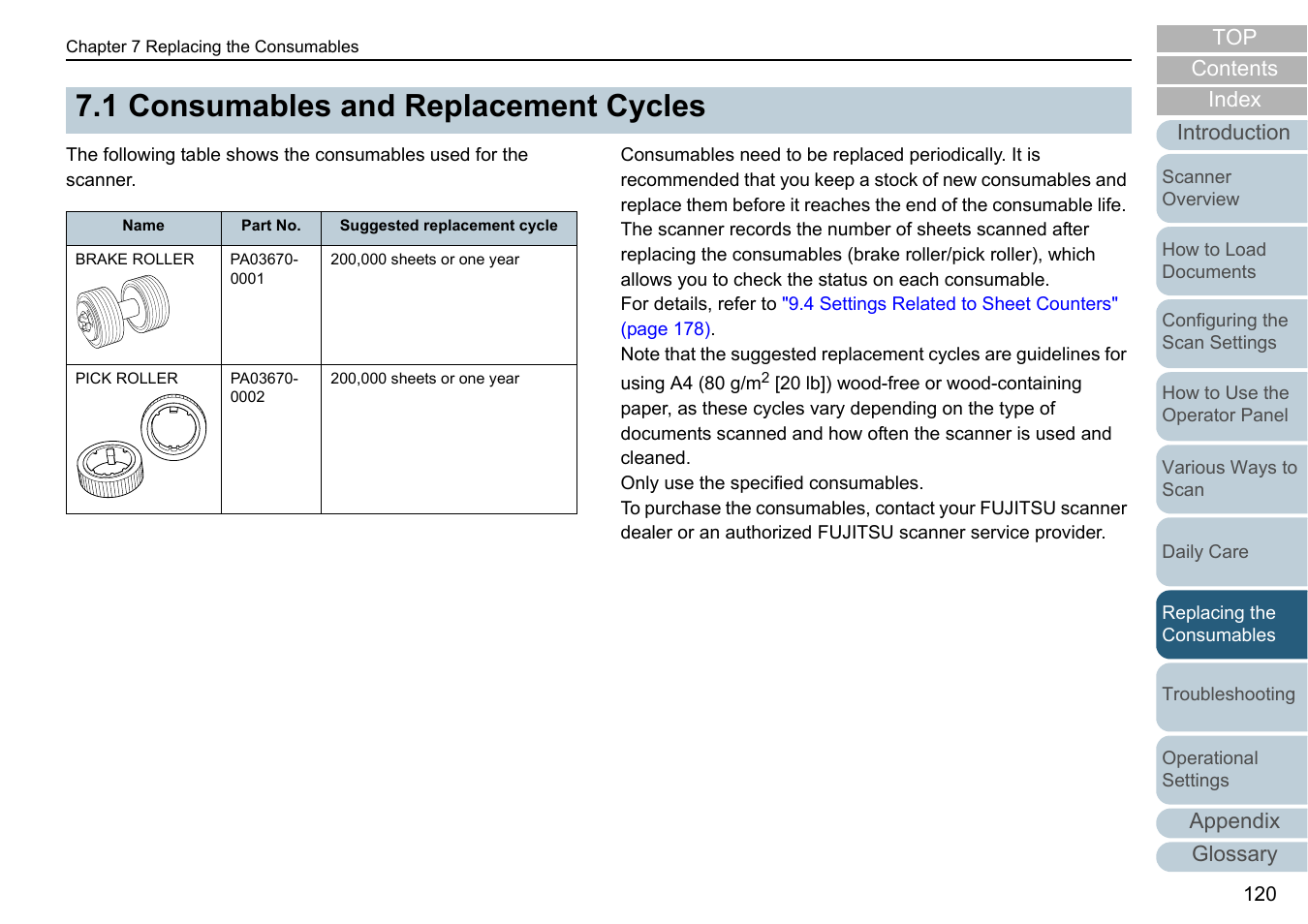 1 consumables and replacement cycles, Consumables and replacement cycles | Fujitsu Ricoh Fujitsu fi-7280 Color Duplex Document Scanner User Manual | Page 120 / 229