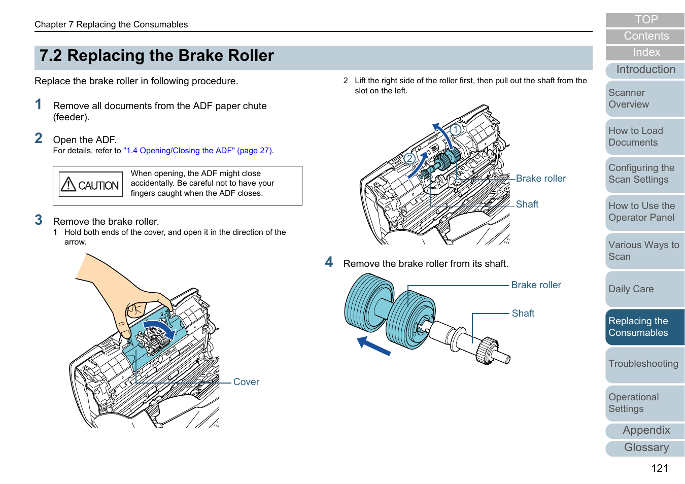 2 replacing the brake roller, Replacing the brake roller, 2 replacing the | Fujitsu Ricoh Fujitsu fi-7280 Color Duplex Document Scanner User Manual | Page 121 / 229