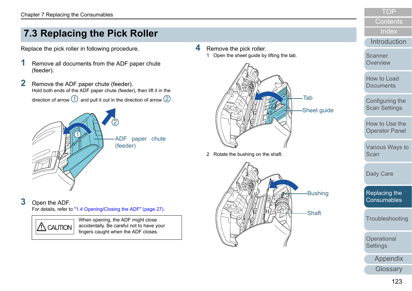 3 replacing the pick roller, Replacing the pick roller | Fujitsu Ricoh Fujitsu fi-7280 Color Duplex Document Scanner User Manual | Page 123 / 229
