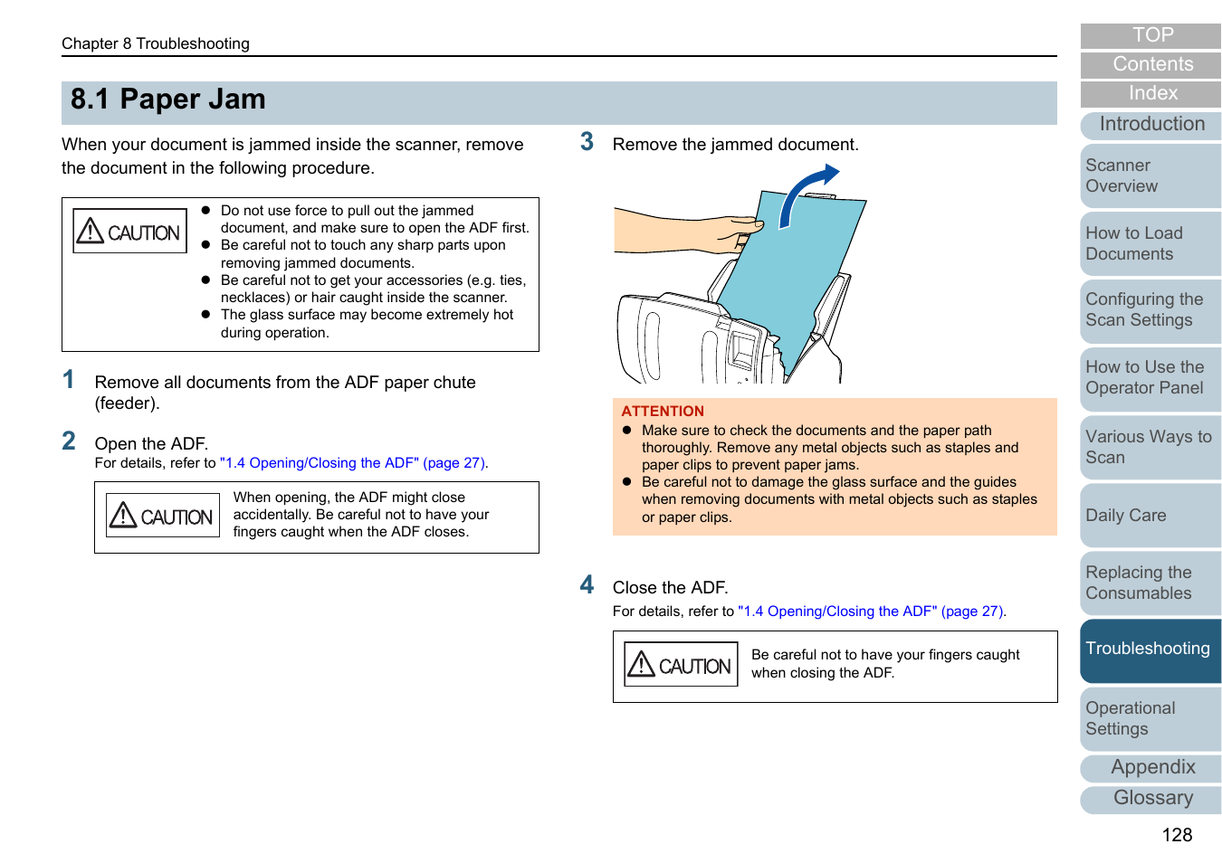 1 paper jam, Paper jam | Fujitsu Ricoh Fujitsu fi-7280 Color Duplex Document Scanner User Manual | Page 128 / 229