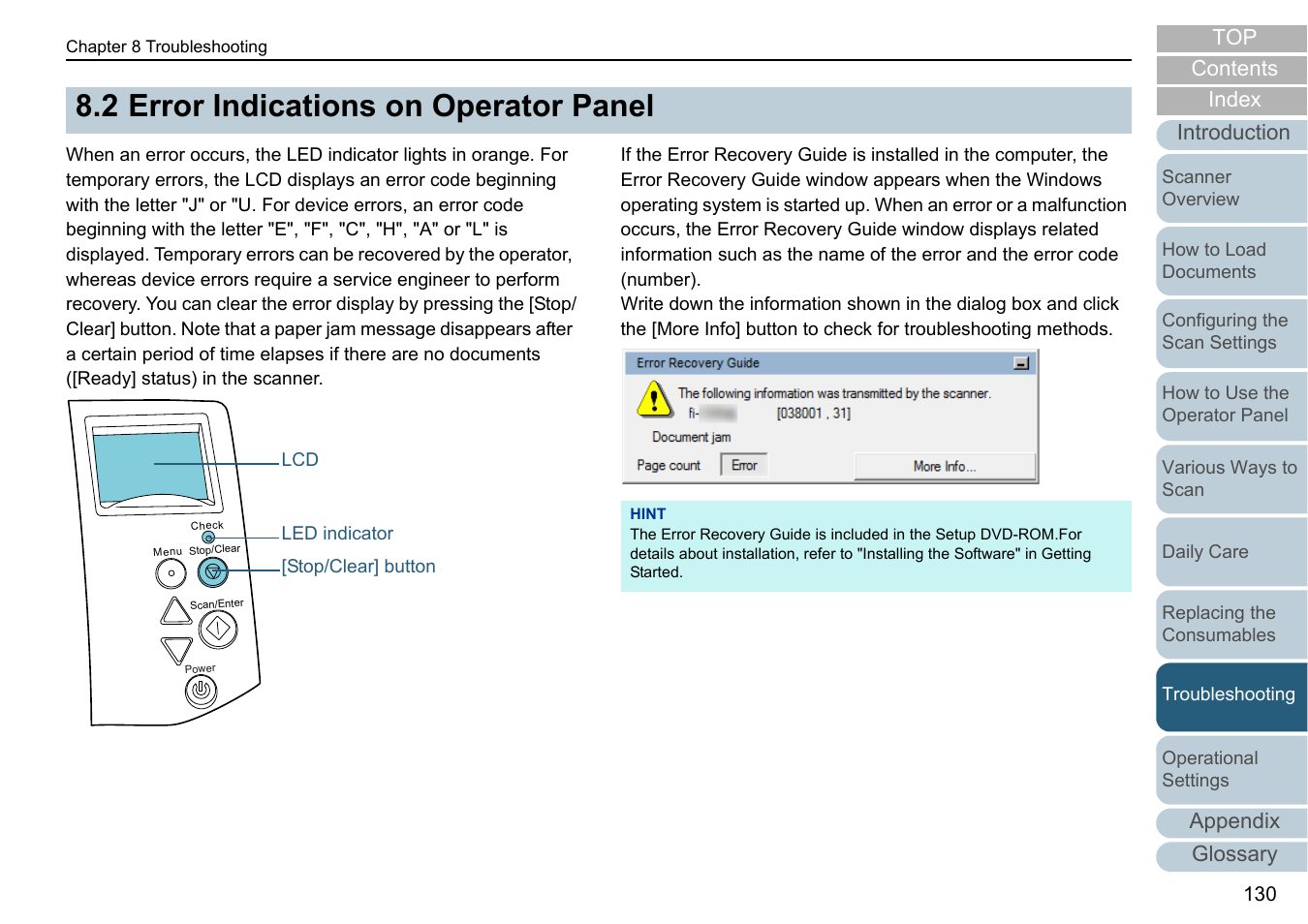 2 error indications on operator panel, Error indications on operator panel, Appendix | Glossary introduction index contents top | Fujitsu Ricoh Fujitsu fi-7280 Color Duplex Document Scanner User Manual | Page 130 / 229