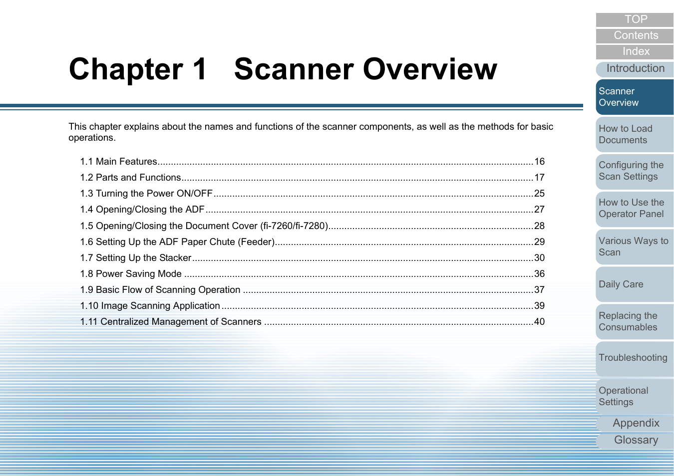 Chapter 1 scanner overview, Scanner overview | Fujitsu Ricoh Fujitsu fi-7280 Color Duplex Document Scanner User Manual | Page 15 / 229