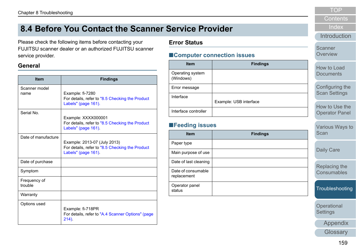 4 before you contact the scanner service provider, General, Error status | Before you contact the scanner service provider, General error status, 4 before you contact the scanner, And then cont, S in, Appendix, Glossary introduction index contents top | Fujitsu Ricoh Fujitsu fi-7280 Color Duplex Document Scanner User Manual | Page 159 / 229