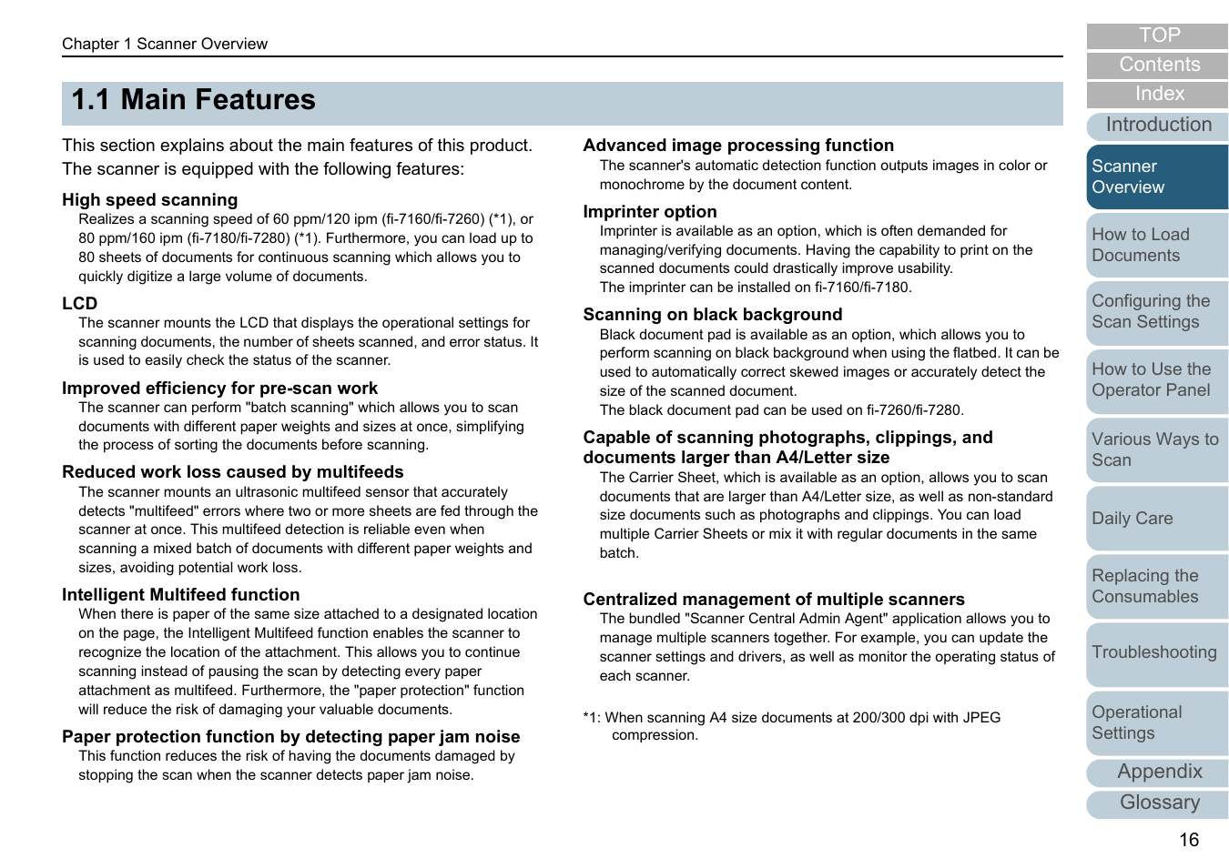 1 main features, Main features, Appendix | Glossary introduction index contents top | Fujitsu Ricoh Fujitsu fi-7280 Color Duplex Document Scanner User Manual | Page 16 / 229