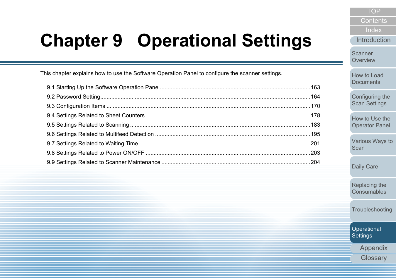 Chapter 9 operational settings, Operational settings | Fujitsu Ricoh Fujitsu fi-7280 Color Duplex Document Scanner User Manual | Page 162 / 229