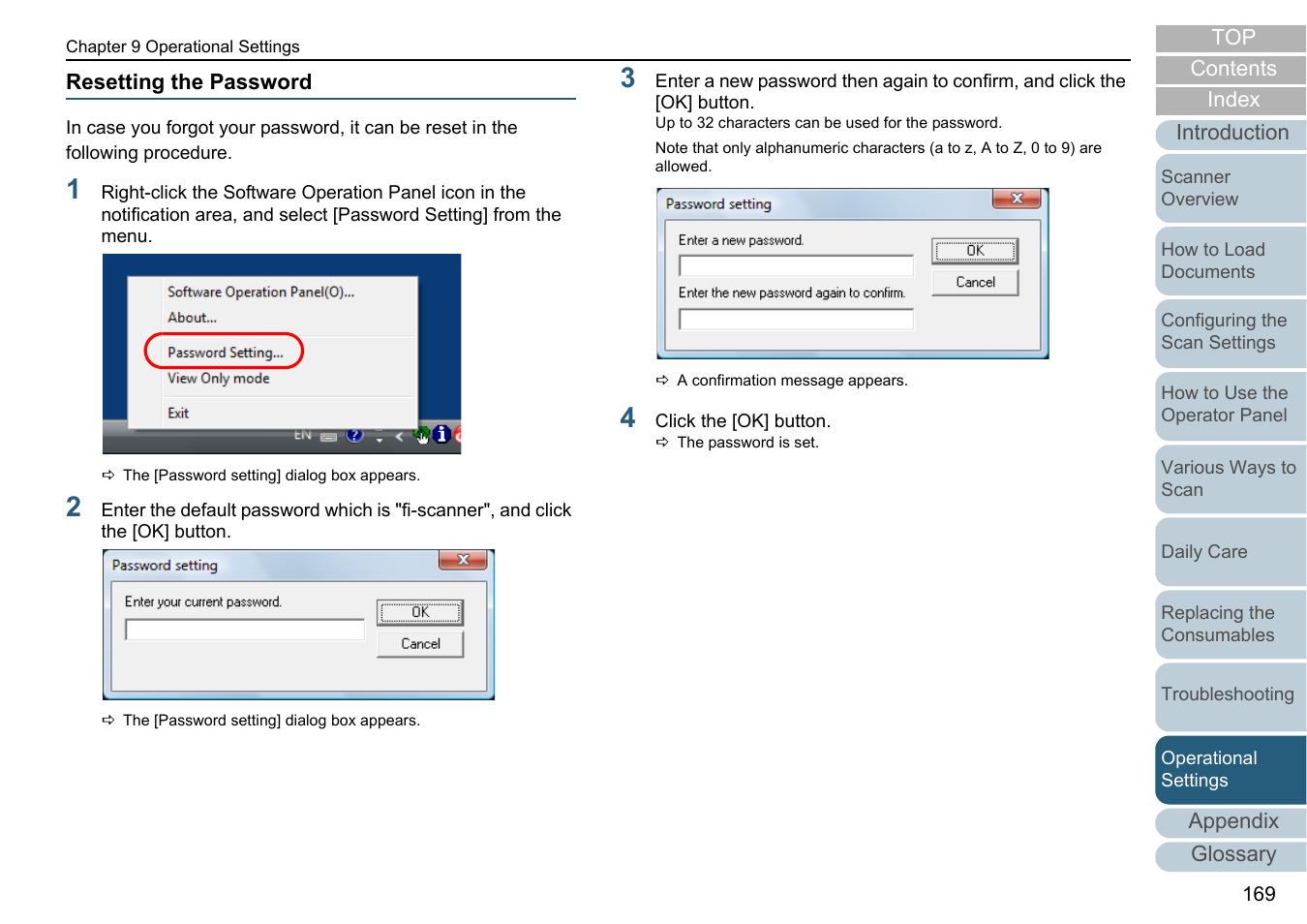 Resetting the password | Fujitsu Ricoh Fujitsu fi-7280 Color Duplex Document Scanner User Manual | Page 169 / 229