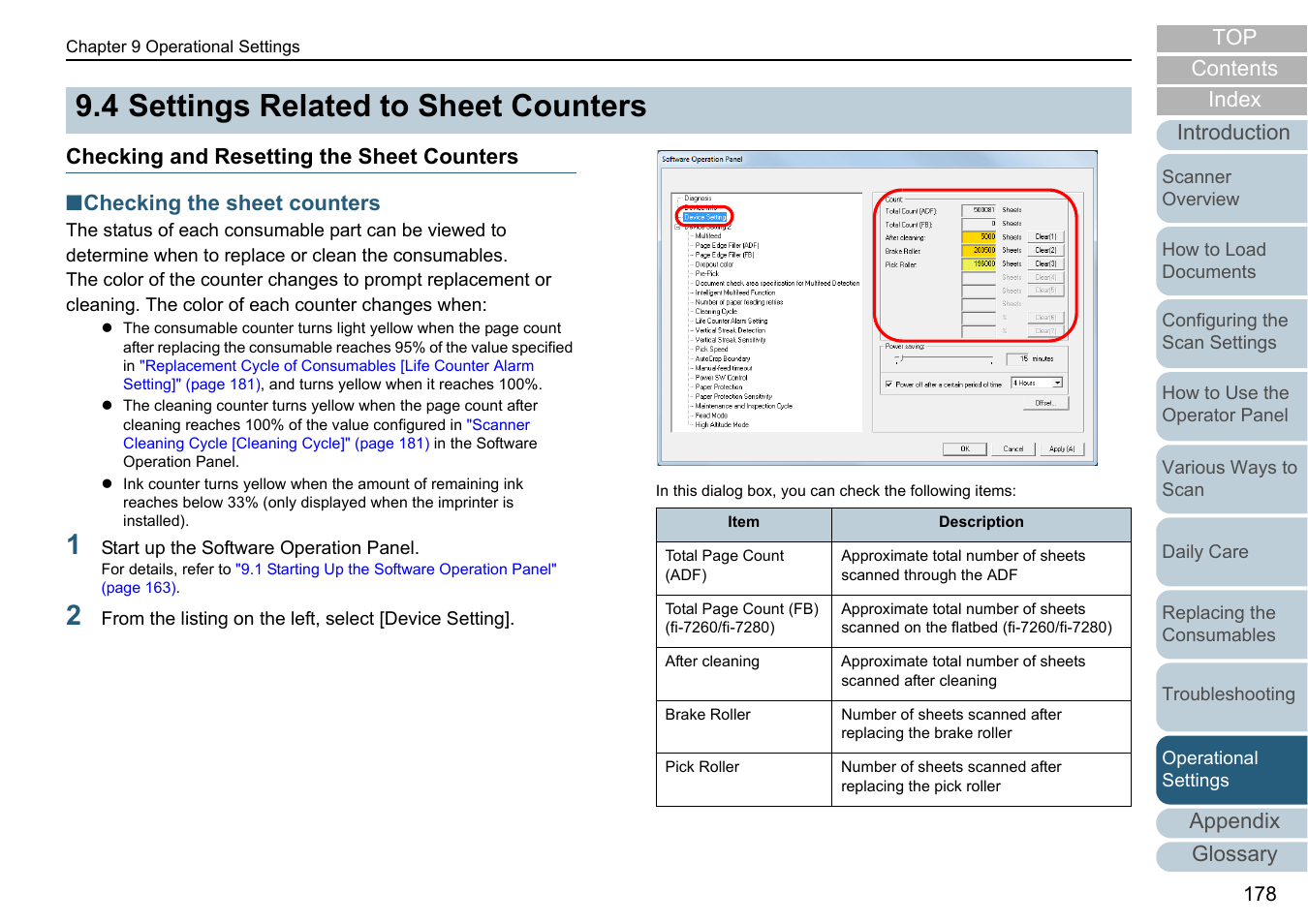 4 settings related to sheet counters, Checking and resetting the sheet counters, Settings related to sheet counters | Ails, refer to, Appendix glossary introduction index contents top | Fujitsu Ricoh Fujitsu fi-7280 Color Duplex Document Scanner User Manual | Page 178 / 229