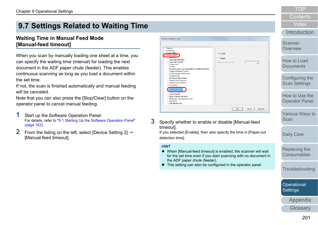 7 settings related to waiting time, Settings related to waiting time, R to | Waiting time in manual feed mode [manual | Fujitsu Ricoh Fujitsu fi-7280 Color Duplex Document Scanner User Manual | Page 201 / 229