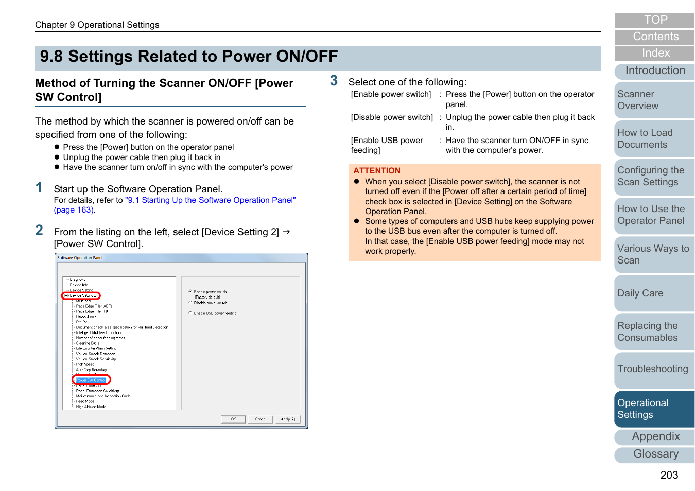 8 settings related to power on/off, Settings related to power on/off, Method of turning the scanner on/off [power | Method of, Appendix glossary introduction index contents top | Fujitsu Ricoh Fujitsu fi-7280 Color Duplex Document Scanner User Manual | Page 203 / 229