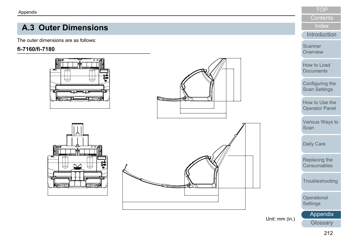 A.3 outer dimensions, Fi-7160/fi-7180, Outer dimensions | Fujitsu Ricoh Fujitsu fi-7280 Color Duplex Document Scanner User Manual | Page 212 / 229