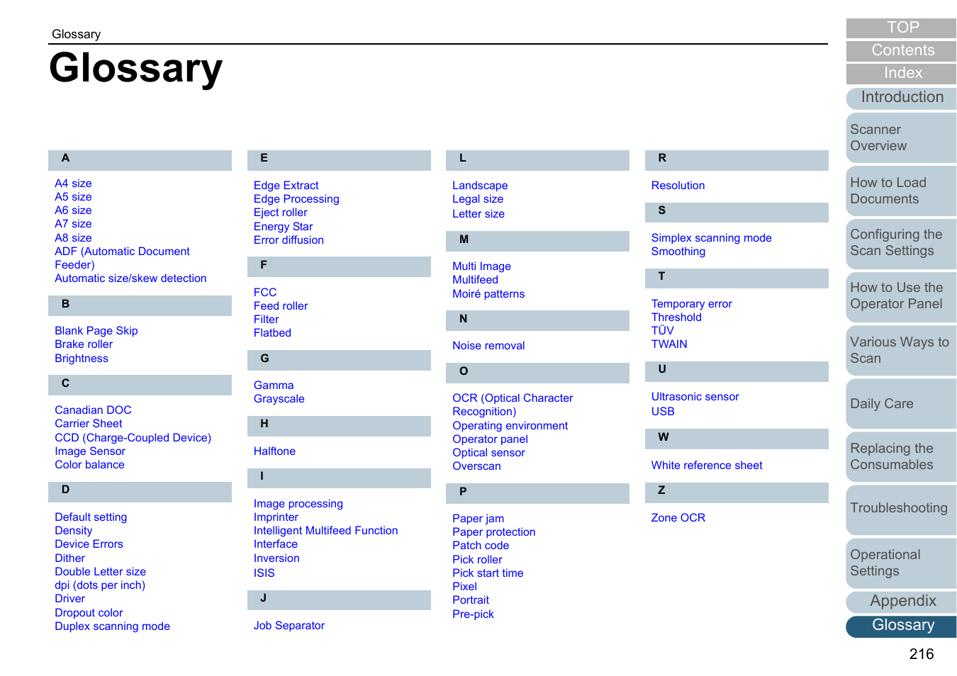 Glossary, Introduction, Appendix glossary index contents top | Fujitsu Ricoh Fujitsu fi-7280 Color Duplex Document Scanner User Manual | Page 216 / 229