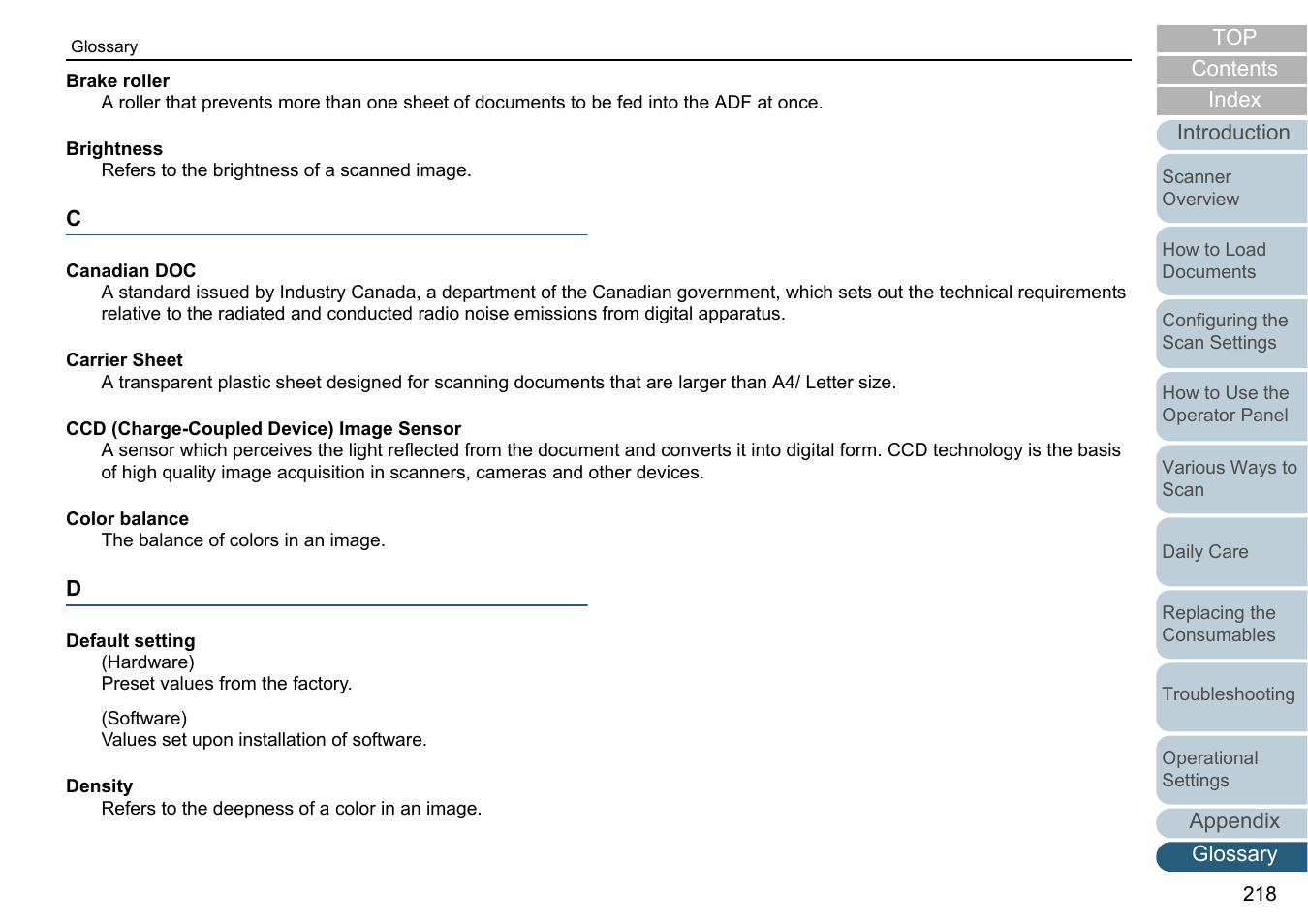 Brake roller brightness, Default setting density | Fujitsu Ricoh Fujitsu fi-7280 Color Duplex Document Scanner User Manual | Page 218 / 229
