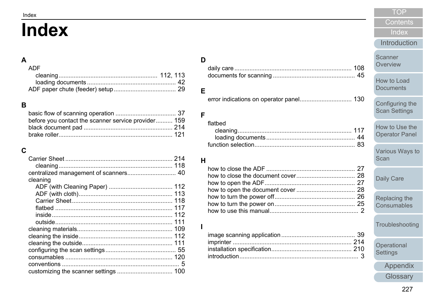 Index | Fujitsu Ricoh Fujitsu fi-7280 Color Duplex Document Scanner User Manual | Page 227 / 229