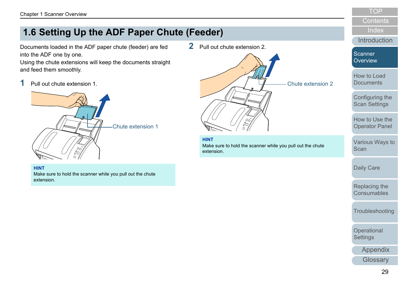 6 setting up the adf paper chute (feeder), Setting up the adf paper chute (feeder) | Fujitsu Ricoh Fujitsu fi-7280 Color Duplex Document Scanner User Manual | Page 29 / 229