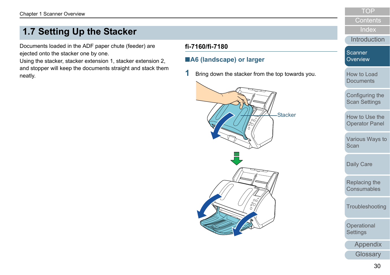 7 setting up the stacker, Fi-7160/fi-7180, Setting up the stacker | Fujitsu Ricoh Fujitsu fi-7280 Color Duplex Document Scanner User Manual | Page 30 / 229