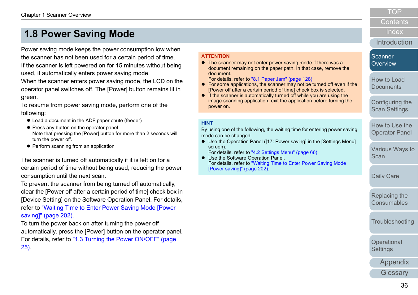 8 power saving mode, Power saving mode, Appendix | Glossary introduction index contents top | Fujitsu Ricoh Fujitsu fi-7280 Color Duplex Document Scanner User Manual | Page 36 / 229