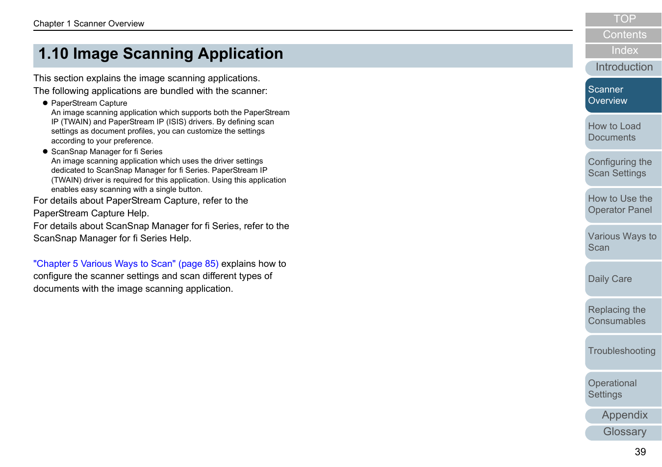 10 image scanning application, Image scanning application | Fujitsu Ricoh Fujitsu fi-7280 Color Duplex Document Scanner User Manual | Page 39 / 229