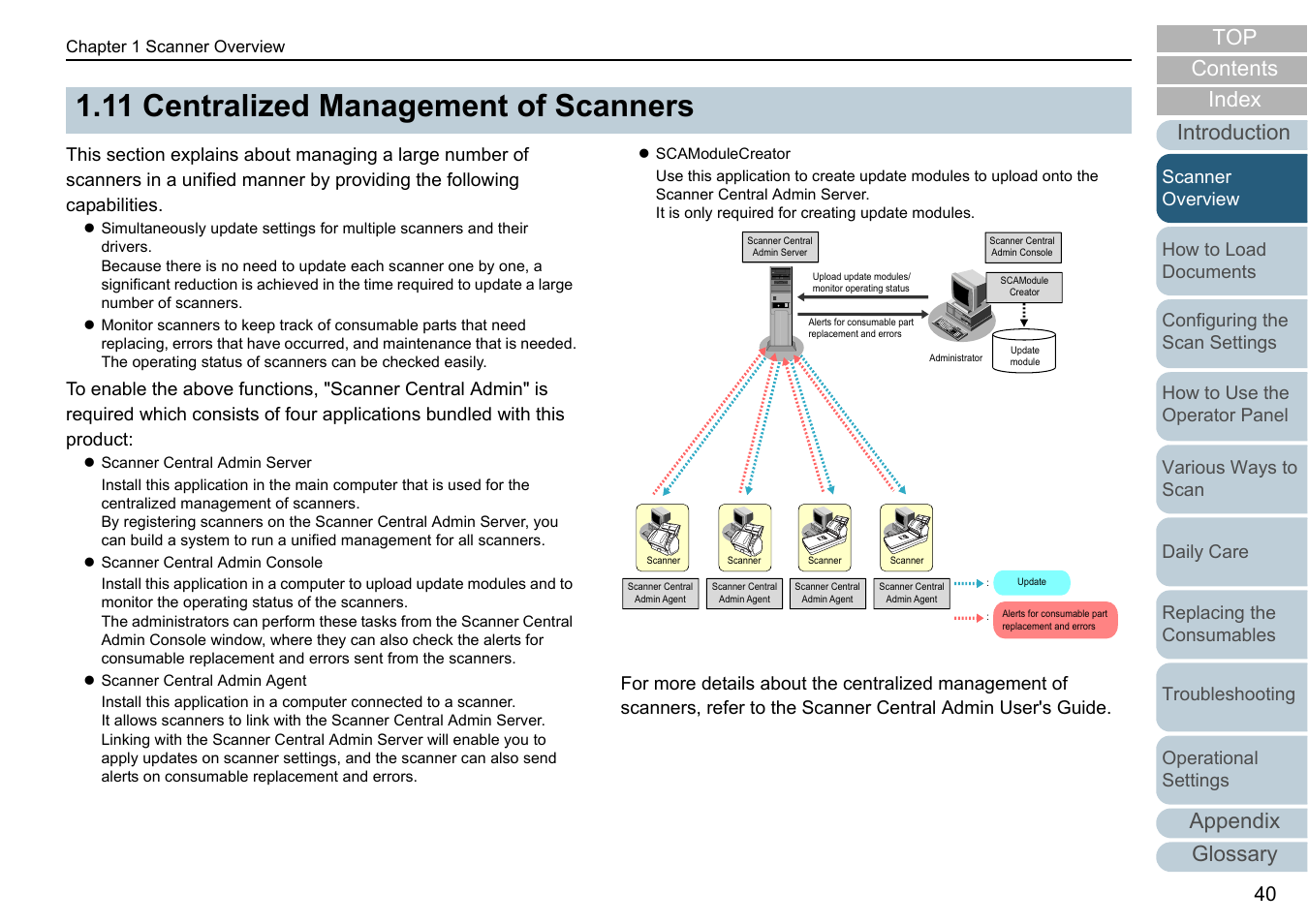 11 centralized management of scanners, Centralized management of scanners, Appendix | Glossary introduction index contents top | Fujitsu Ricoh Fujitsu fi-7280 Color Duplex Document Scanner User Manual | Page 40 / 229