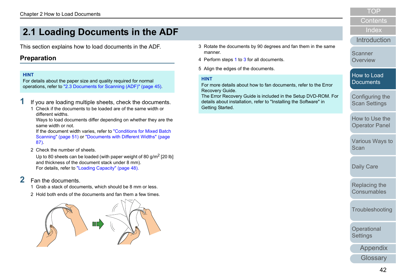 1 loading documents in the adf, Preparation, Loading documents in the adf | Contents index, Appendix glossary introduction top | Fujitsu Ricoh Fujitsu fi-7280 Color Duplex Document Scanner User Manual | Page 42 / 229