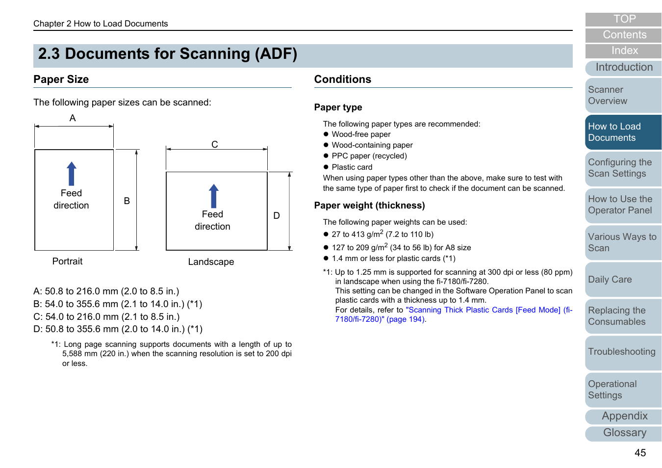 3 documents for scanning (adf), Paper size, Conditions | Documents for scanning (adf), Paper size conditions, Contents index, Appendix glossary introduction top | Fujitsu Ricoh Fujitsu fi-7280 Color Duplex Document Scanner User Manual | Page 45 / 229