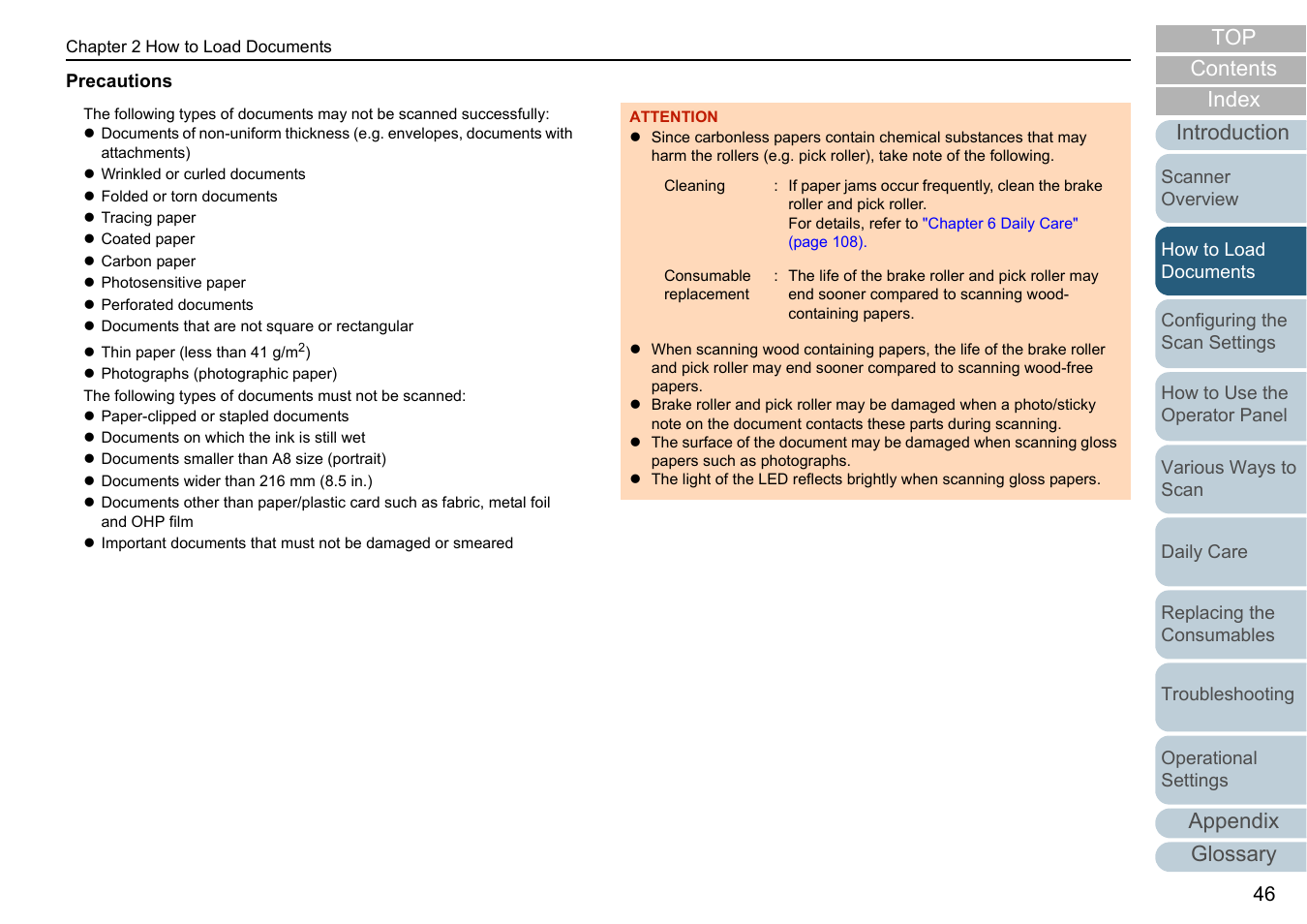 Contents index, Appendix glossary introduction top | Fujitsu Ricoh Fujitsu fi-7280 Color Duplex Document Scanner User Manual | Page 46 / 229