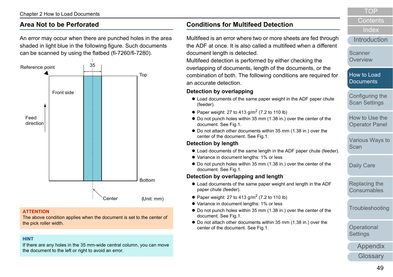Area not to be perforated, Conditions for multifeed detection, Contents index | Appendix glossary introduction top | Fujitsu Ricoh Fujitsu fi-7280 Color Duplex Document Scanner User Manual | Page 49 / 229