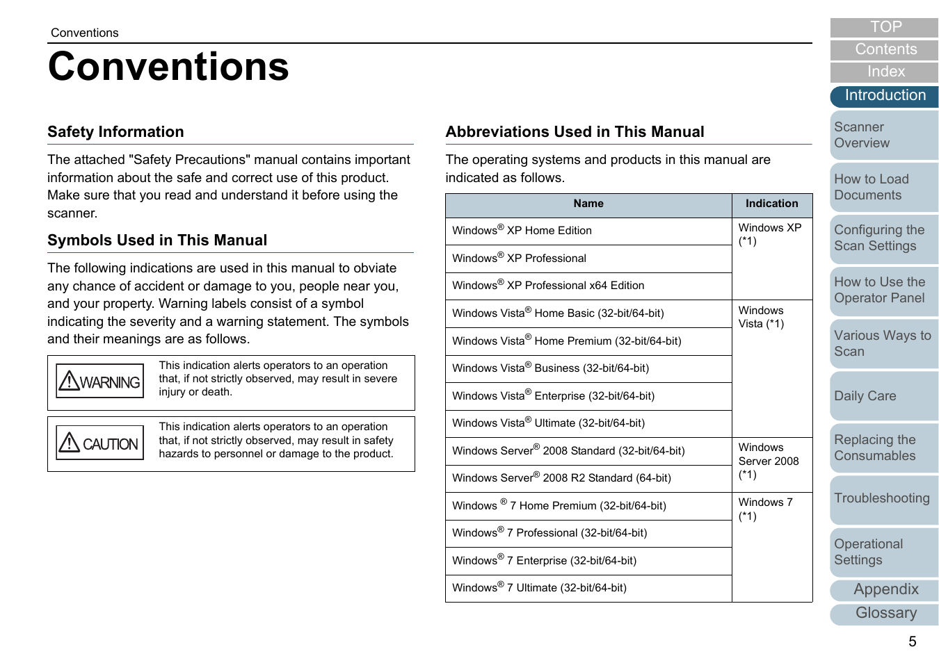Conventions, Appendix glossary introduction index contents top, Safety information | Symbols used in this manual, Abbreviations used in this manual | Fujitsu Ricoh Fujitsu fi-7280 Color Duplex Document Scanner User Manual | Page 5 / 229