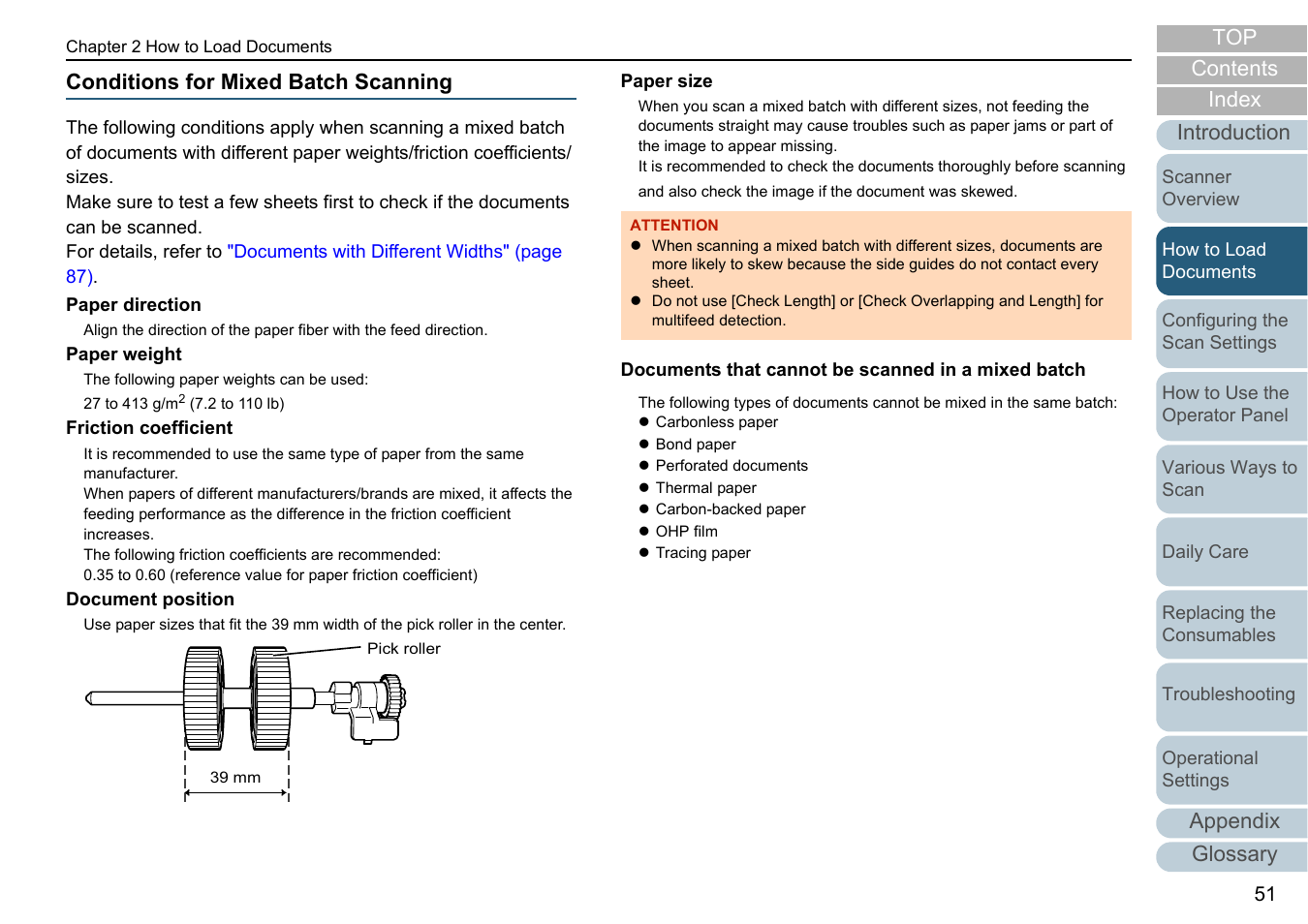 Conditions for mixed batch scanning, Conditions for mixed batch, Contents index | Appendix glossary introduction top | Fujitsu Ricoh Fujitsu fi-7280 Color Duplex Document Scanner User Manual | Page 51 / 229