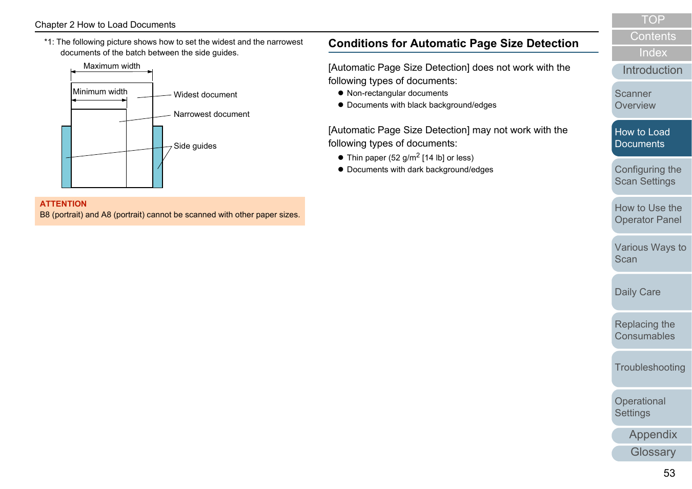 Contents index, Appendix glossary introduction top, Conditions for automatic page size detection | Fujitsu Ricoh Fujitsu fi-7280 Color Duplex Document Scanner User Manual | Page 53 / 229