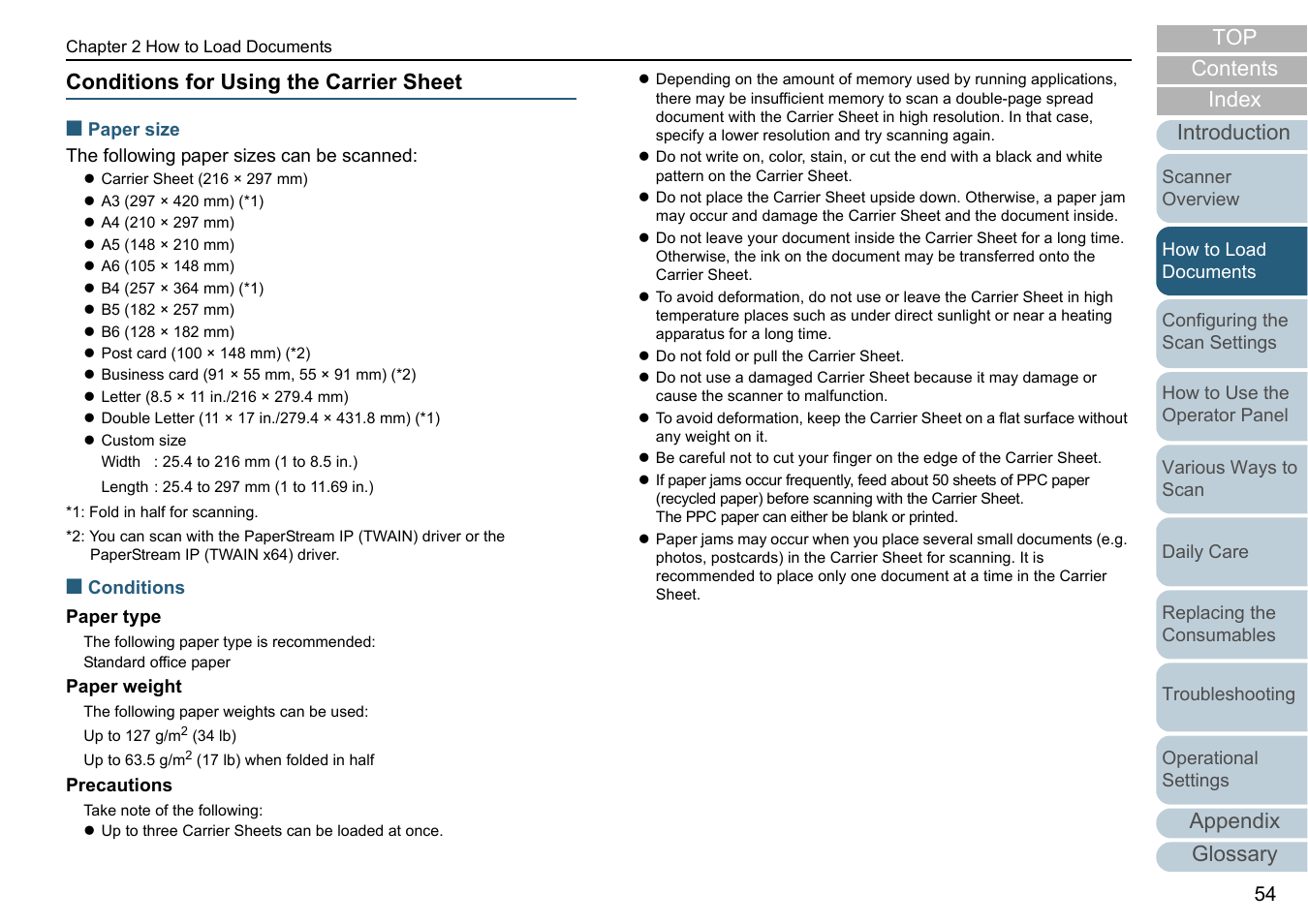 Conditions for using the carrier sheet, Contents index, Appendix glossary introduction top | Fujitsu Ricoh Fujitsu fi-7280 Color Duplex Document Scanner User Manual | Page 54 / 229