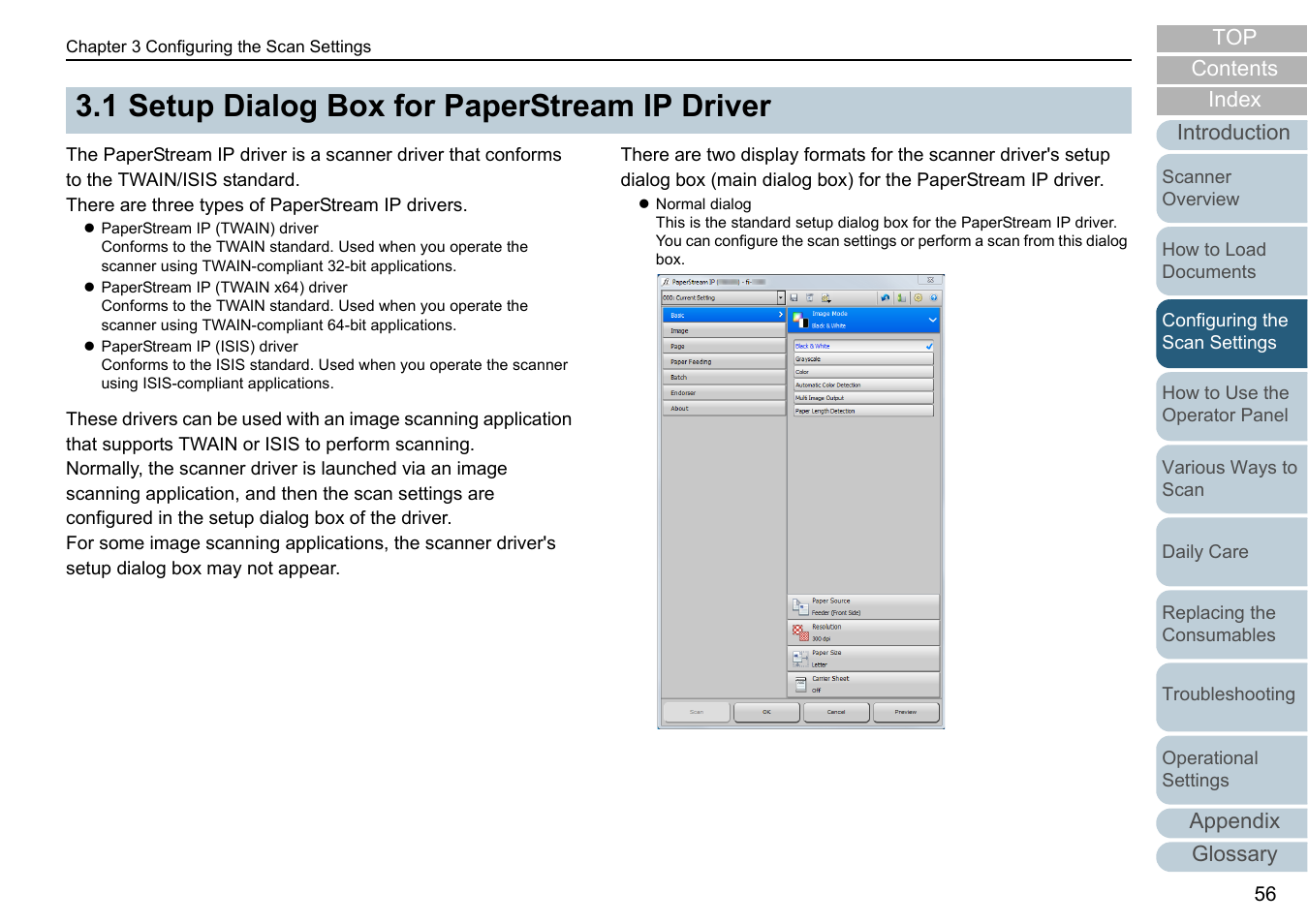 1 setup dialog box for paperstream ip driver, Setup dialog box for paperstream ip driver | Fujitsu Ricoh Fujitsu fi-7280 Color Duplex Document Scanner User Manual | Page 56 / 229
